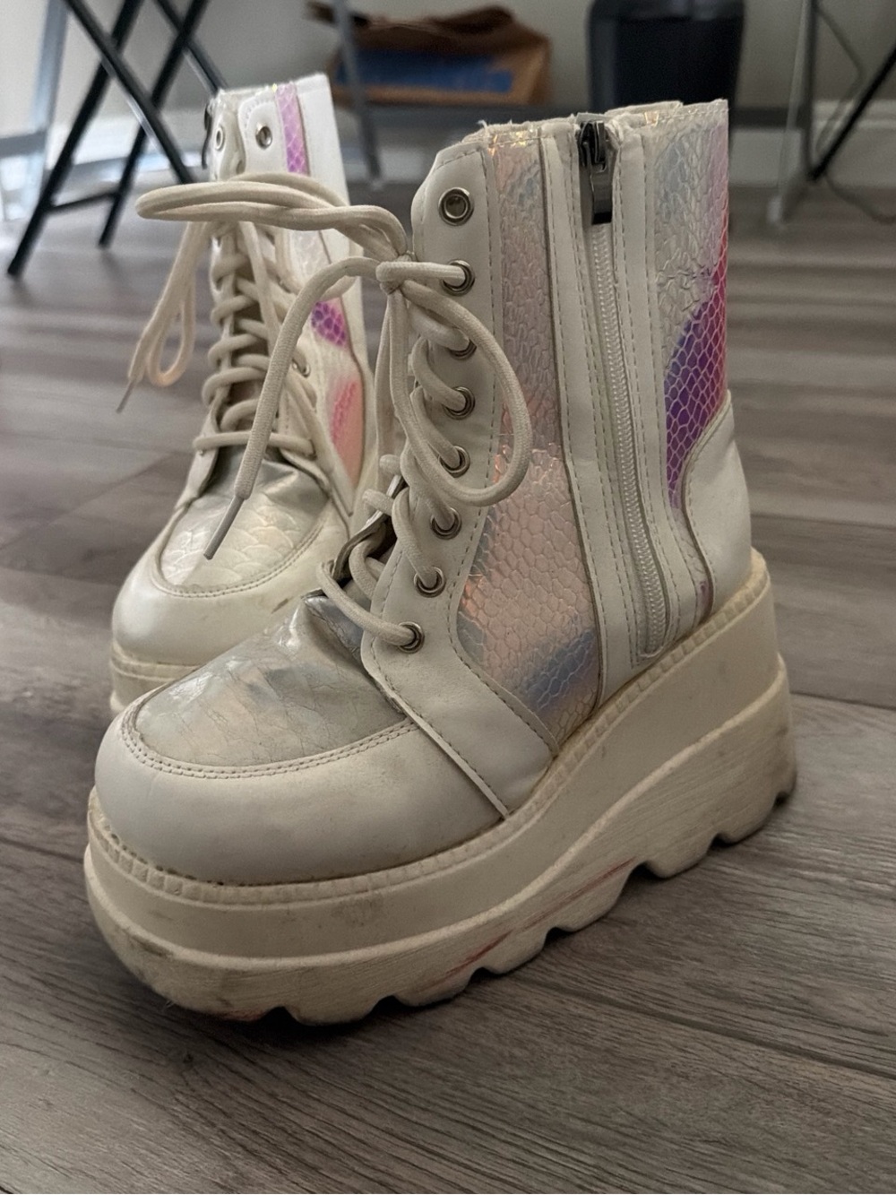 Women’s White Platform Lace-Up Ankle Boots with Iridescent Panels